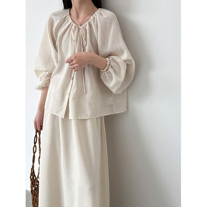 Korean gentle wind drawstring shirt + drape A-shaped skirt women's 26 spring new commuter suit