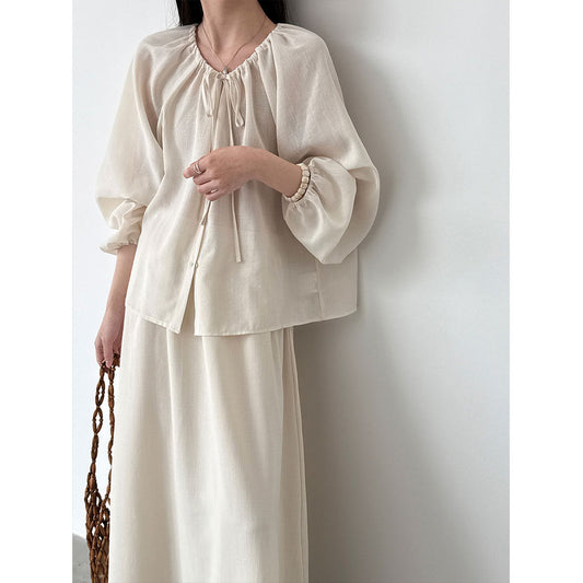Korean gentle wind drawstring shirt + drape A-shaped skirt women's 26 spring new commuter suit