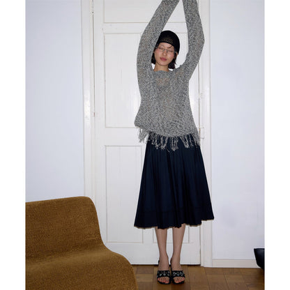 Fringed long-sleeved knitted sweater loose lazy top