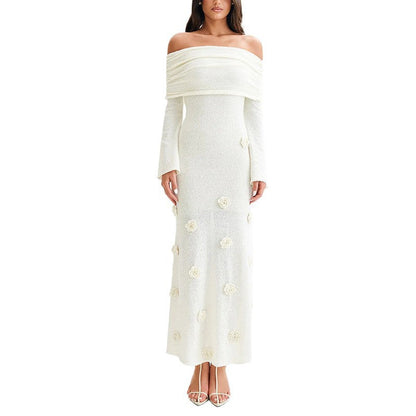 New sexy flower one-word shoulder knitted dress fashionable autumn and winter dress