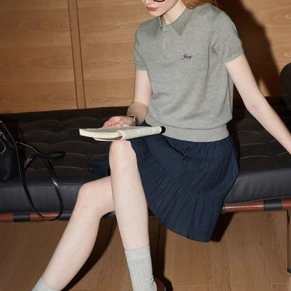 Soft waxy short-sleeved polo neck knitted sweater