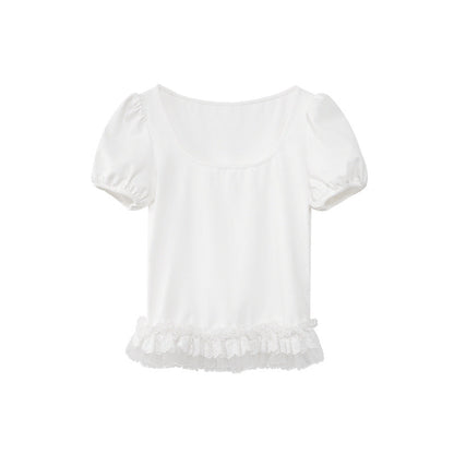 Sweet age-reducing lace trim square neck short-sleeved T-shirt