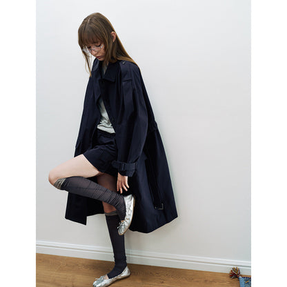 Spring new casual lapel thin versatile lace-up tooling long trench coat
