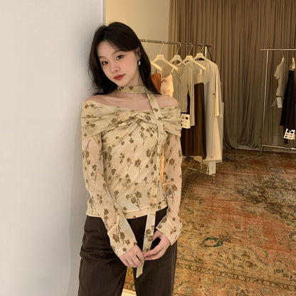 Floral Off-Shoulder Blouse – Retro French Style Long Sleeve Top