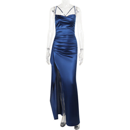Yuan Feng temperament sexy slim fit shrink pleated split satin dress dress dress