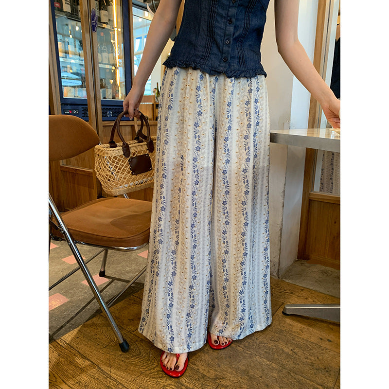 Floral pants retro drape mopping loose wide-leg pants