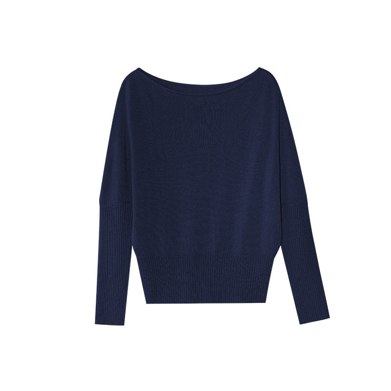 Multi-color all-wool pit strip long-sleeved slanted shoulder two-wear pullover sweater