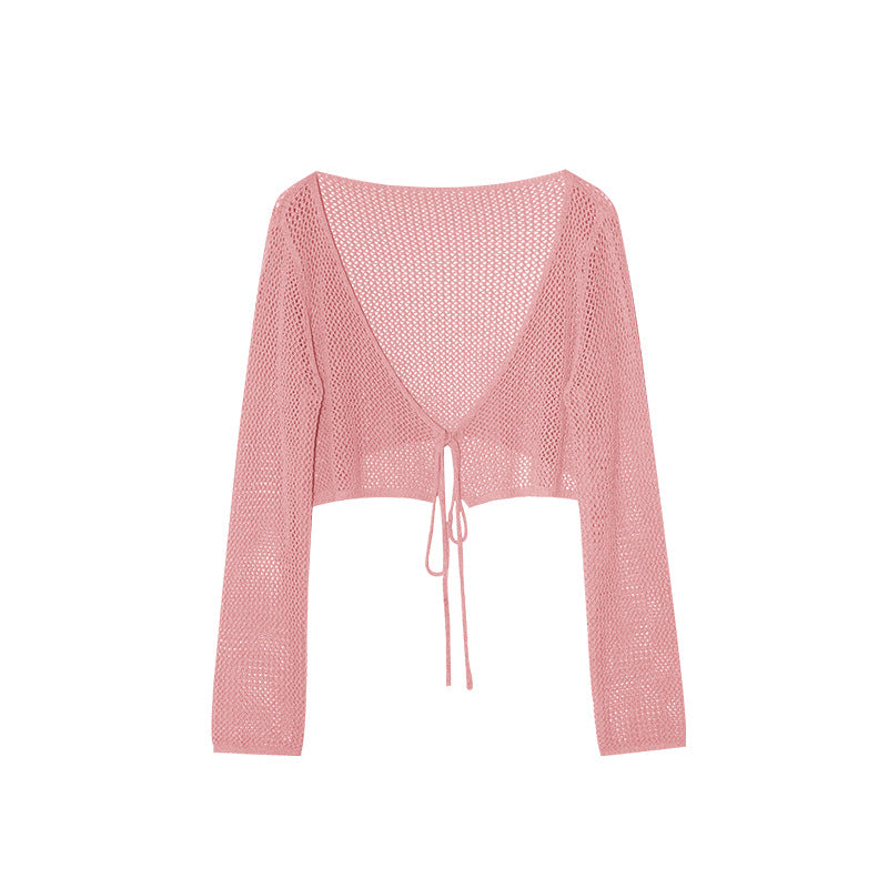 Thin skin-friendly and breathable outer lace-up hollow knitted sweater