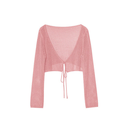 Thin skin-friendly and breathable outer lace-up hollow knitted sweater