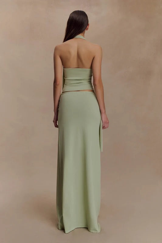 Fashion diagonal neck top slim streamer hip skirt two-piece set