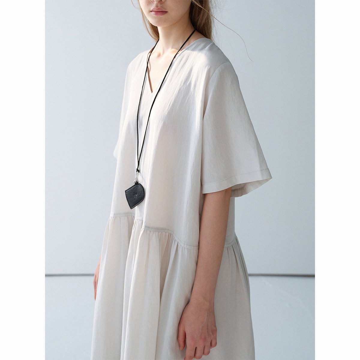 Summer new casual V-neck bamboo Tencel loose split long dress