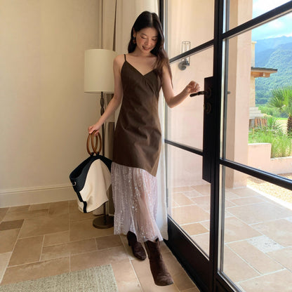 Temperament sequined splicing hem suspender dress