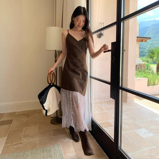 Temperament sequined splicing hem suspender dress