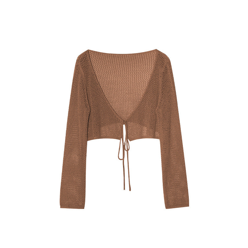 Thin skin-friendly and breathable outer lace-up hollow knitted sweater