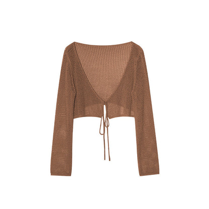 Thin skin-friendly and breathable outer lace-up hollow knitted sweater