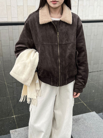 Vintage suede faux leather patchwork cropped jacket - women's winter warm cotton padded outerwear top 8556