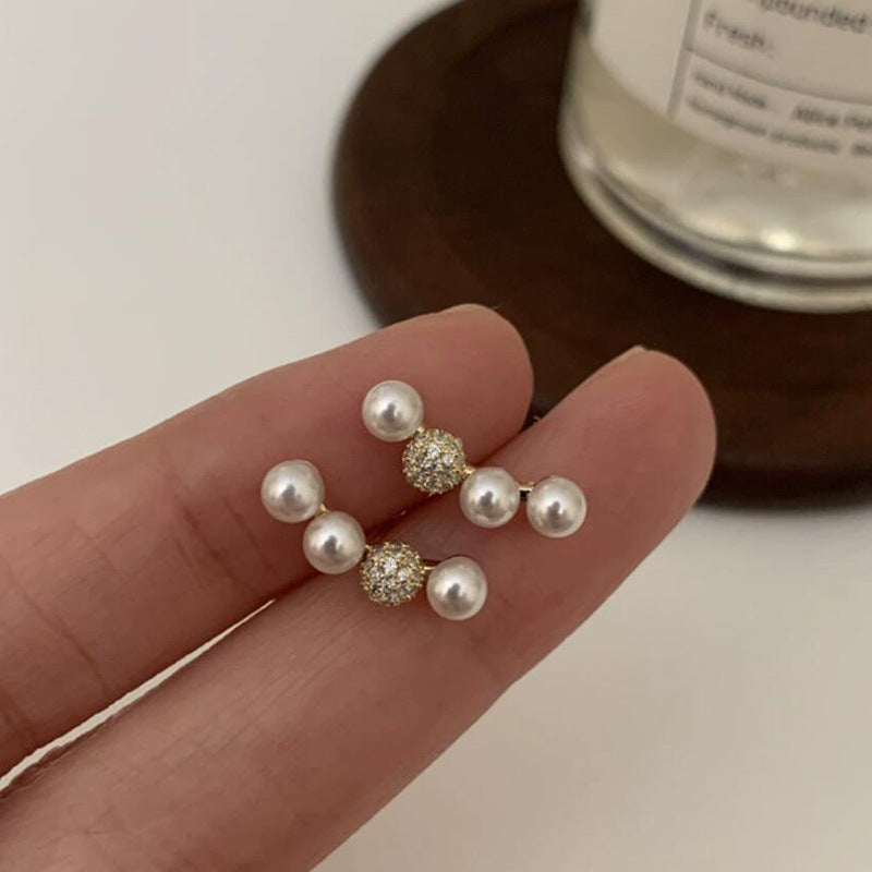 Light luxury small micro-inlaid pearl zircon smile one-word curved stud earrings sweet high-end simple earrings earrings women