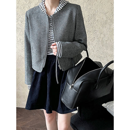 Korean wool woolen round neck small fragrant short coat women's 2025 autumn new zipper jacket top 8698