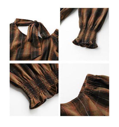 Women's Plaid Print Diagonal Collar Asymmetric Sleeve Waist-Defining Shirt