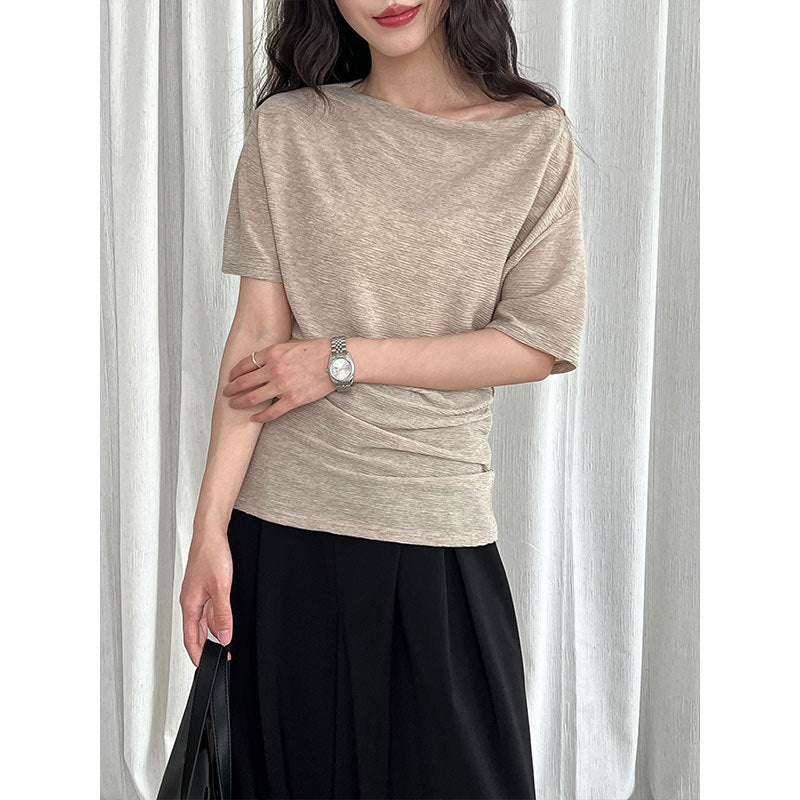 Korean high-end sense one-word shoulder exposed collarbone short-sleeved summer new with belt and thin T-shirt