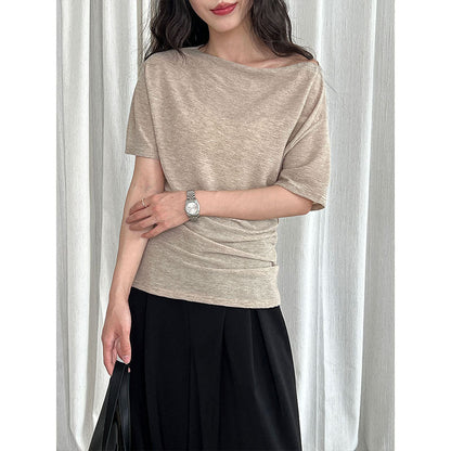 Korean high-end sense one-word shoulder exposed collarbone short-sleeved summer new with belt and thin T-shirt