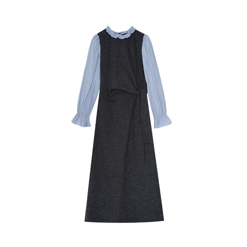 Gentle temperament waist long-sleeved knitted splicing dress
