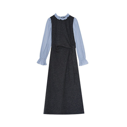 Gentle temperament waist long-sleeved knitted splicing dress