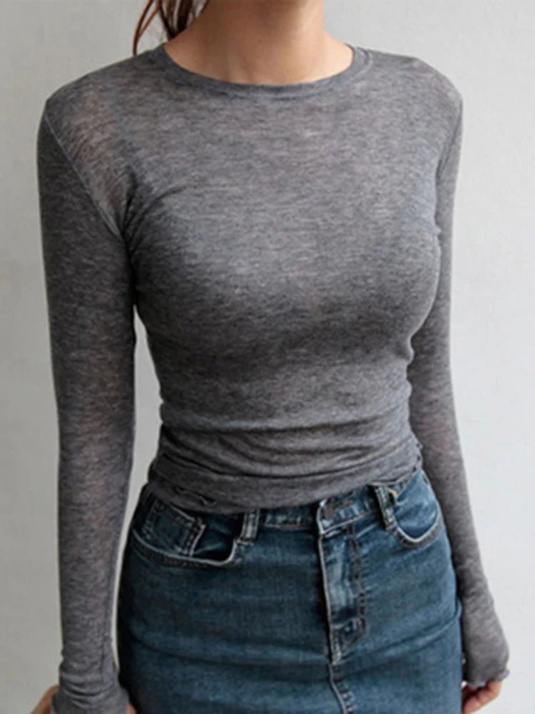 Sheer Long Sleeve Slim Fit Basic Tee