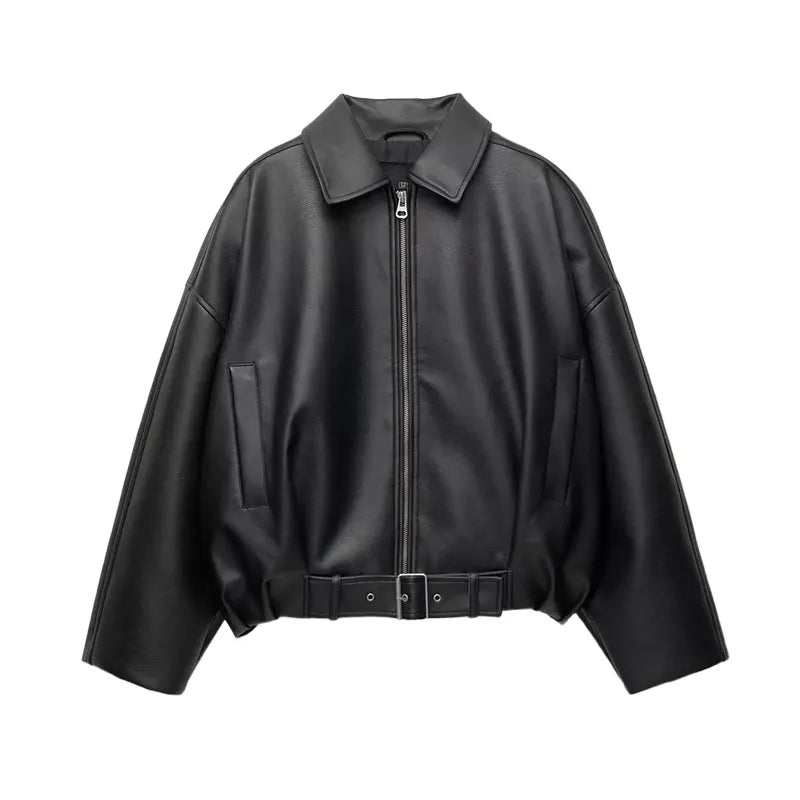 Women's Vintage PU Leather Bomber Jacket with Belt