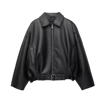 Women's Vintage PU Leather Bomber Jacket with Belt