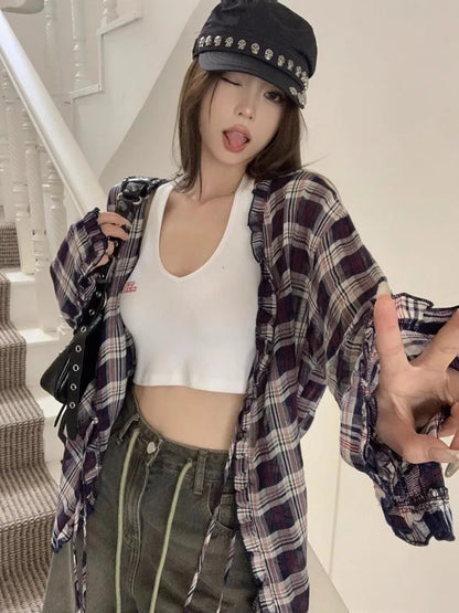 Women's Vintage Plaid Ruffled Collar Blouse