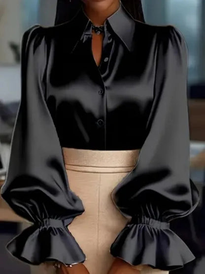 Women's Satin Blouse with Ruffled Sleeves - Office Casual Top
