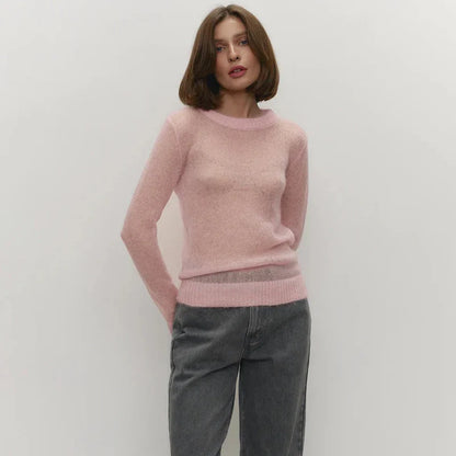 Round Neck Knit Sweater Long Sleeve Loose Fit Spliced Pullover