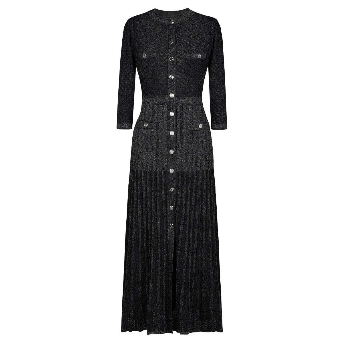 Knitted Midi Dress Round Neck Long Sleeve See-Through Slimming Street Style