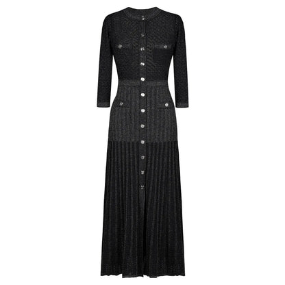 Knitted Midi Dress Round Neck Long Sleeve See-Through Slimming Street Style