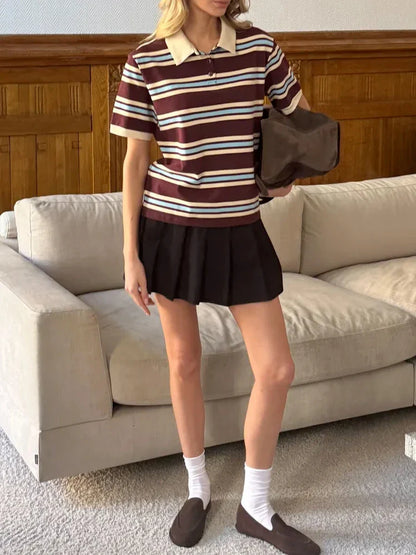 Kawaii Cartoon Print Polo Neck Cotton Tee
