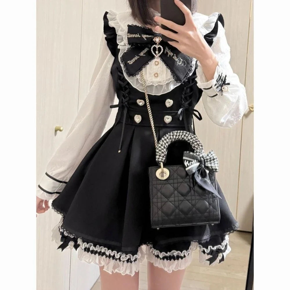 Harajuku Sweet Bow Black Plaid Dresses All-match Slim Fit Kawaii Lolita Dress