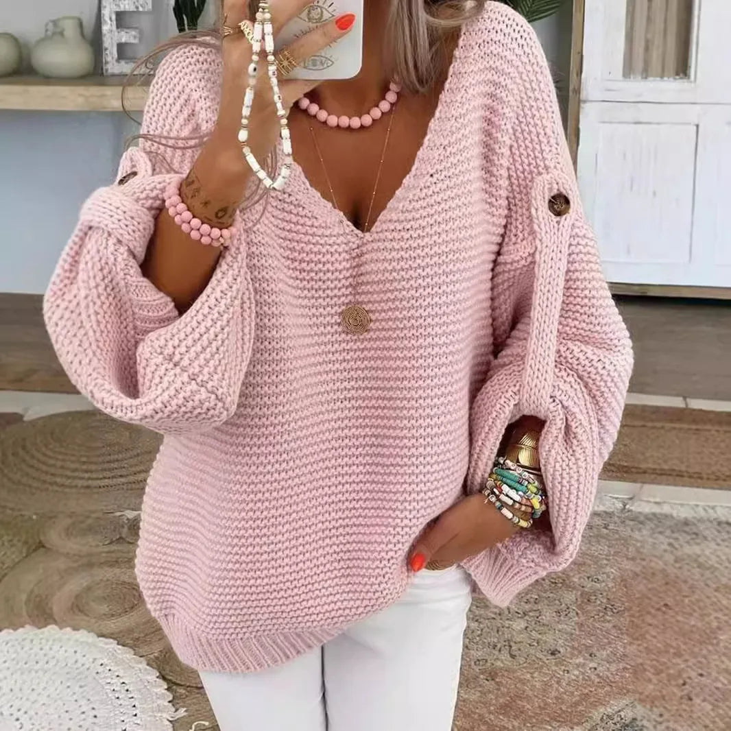 V-Neck Knit Cardigan Button Front Lantern Sleeve Loose Fit