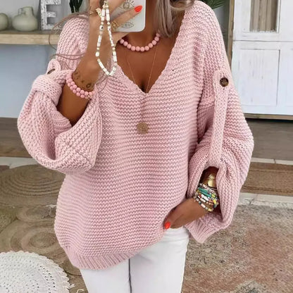 V-Neck Knit Cardigan Button Front Lantern Sleeve Loose Fit