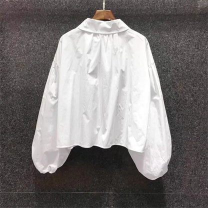 Vintage Peter Pan Collar Blouse Women Puff Sleeve White Shirt Korean Fashion