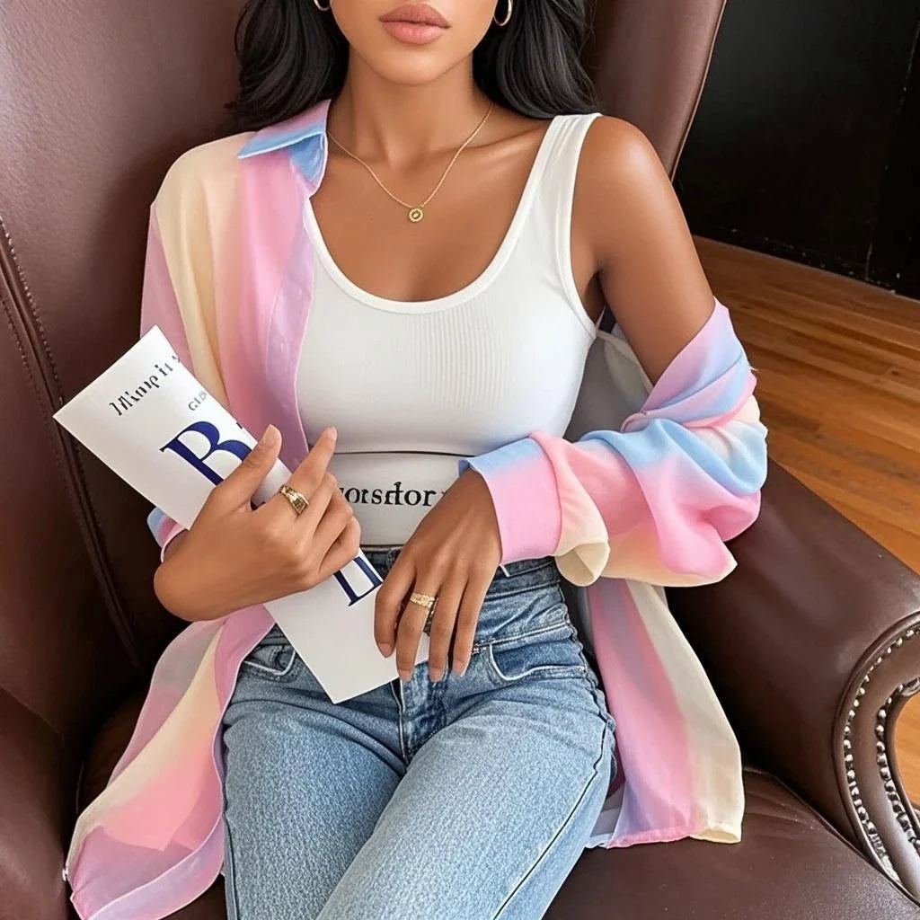 Sheer Gradient Rainbow Striped Long Sleeve Blouse