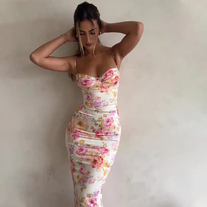Women's Floral Spaghetti Strap Dress - Sleeveless Slim Fit Maxi