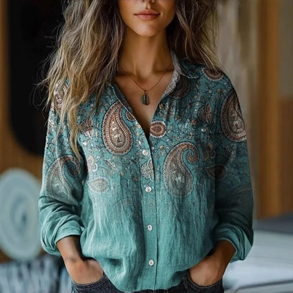 Women's Vintage Print Cotton Linen Shirt - Long Sleeve Casual Blouse