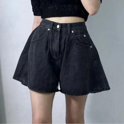High Waist A-Line Wide Leg Denim Shorts