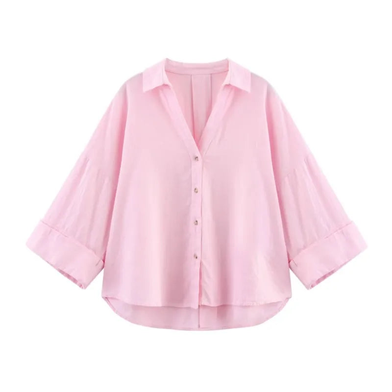Women's Wide Sleeve Linen Shirt - Asymmetric Hem Button-Up Blouse