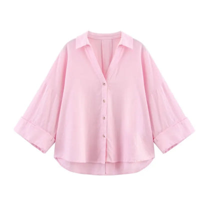 Women's Wide Sleeve Linen Shirt - Asymmetric Hem Button-Up Blouse