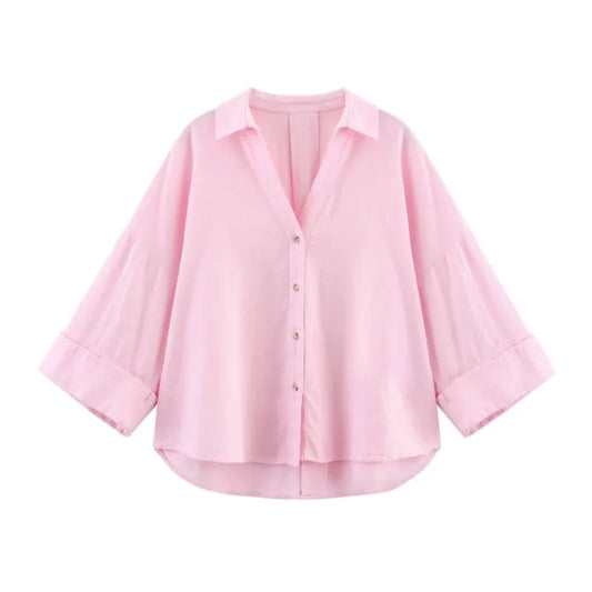 Women's Wide Sleeve Linen Shirt - Asymmetric Hem Button-Up Blouse
