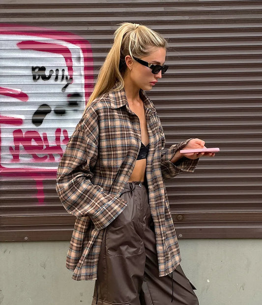 Vintage Plaid Long Sleeve Blouse with Ruffles