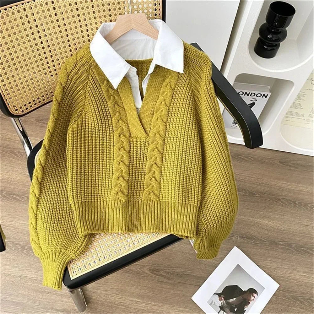 Turn-Down Collar Layered Knit Sweater Long Sleeve Slim Fit