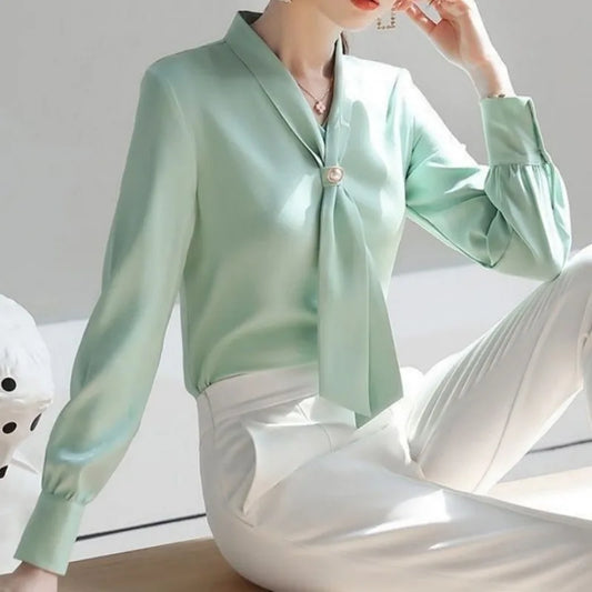 Women's Bow Tie Collar Blouse - Long Sleeve Casual Top